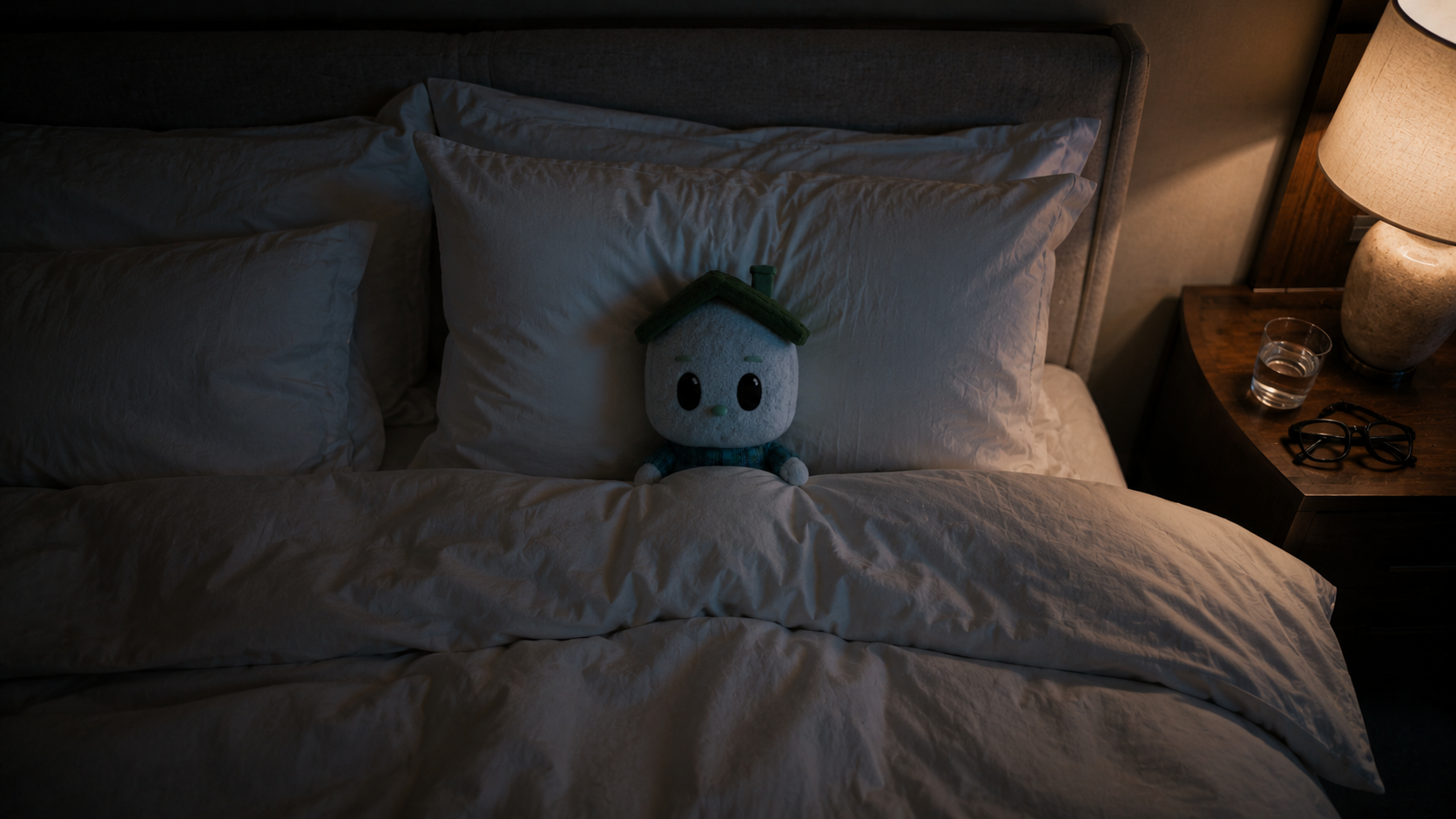 A dark bedroom after the event: Pons, a small plush with a green roof for a hat, asleep under the duvet. His glasses and a glass of water wait on the nightstand.