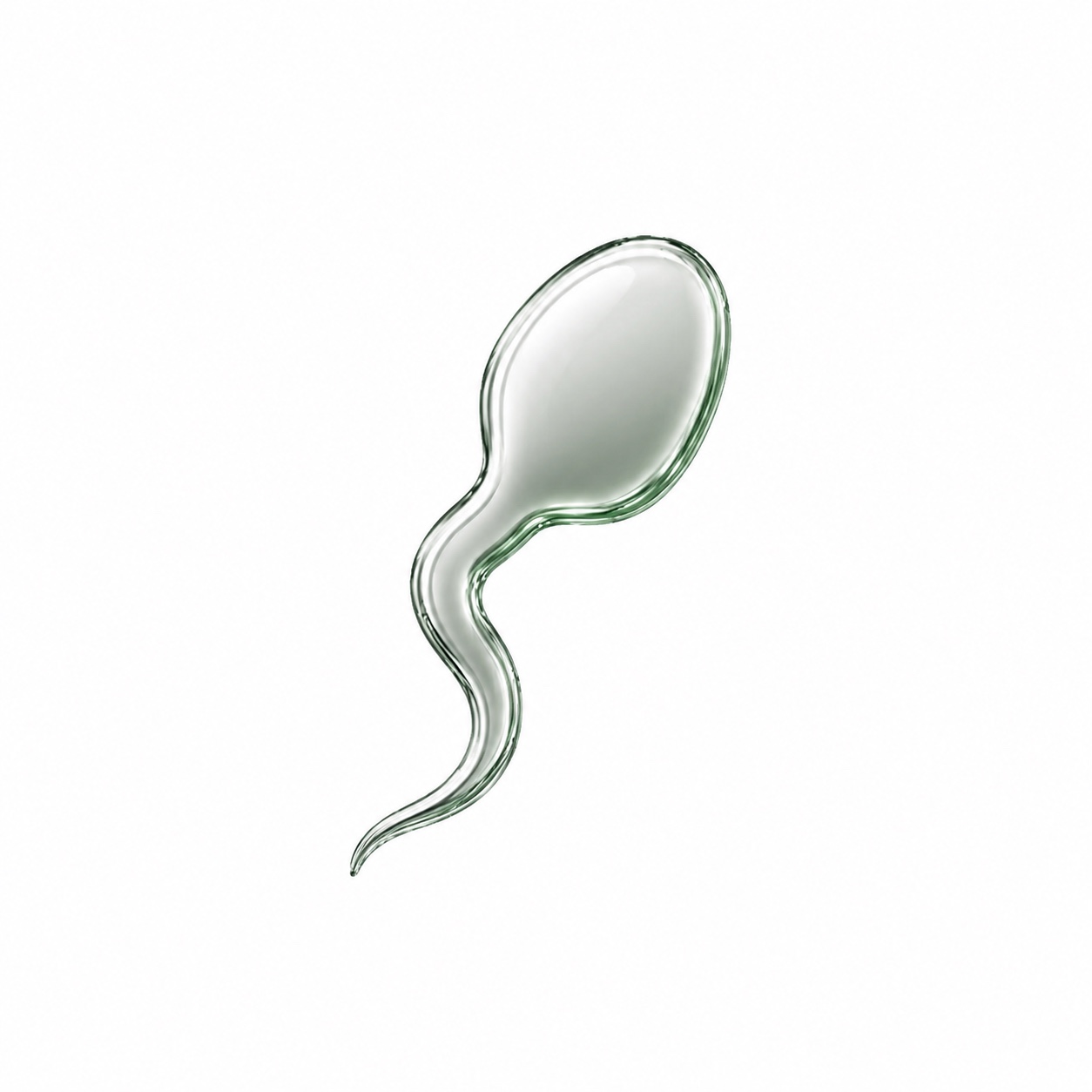 The SPERM brand object: an upright translucent glass cell with a long, still tail