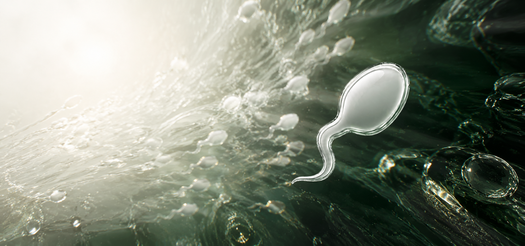 A vast fluid world: millions of translucent cells pour out of a bright warm-white origin while one crisp glass cell leads the field into deep graphite-green water.